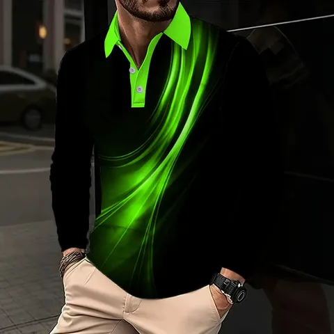 Heren Lange Mouw Polo Shirt Casual Slim Fit Revers Kraag Verloop Print Lente Herfst Zakelijk Sport Top
