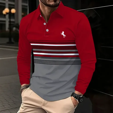 Heren Casual Zakelijk Langarm Polo Shirt Gestreept Digitaal Print Omelkraag Polyester Regular Fit Top