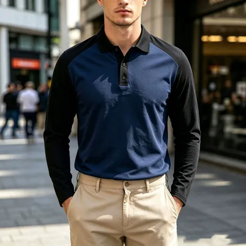 Men's Casual Long Sleeve Polo Shirt American Loose Color Block Lapel Button Down Golf Shirt Fashion Autumn Top