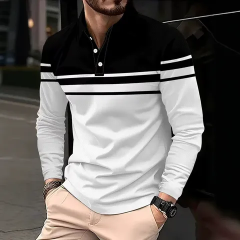 Men's Casual Long Sleeve Polo Shirt Color Block Striped Turn Down Collar Button Polo Tops Spring Fall Fashion Clothing