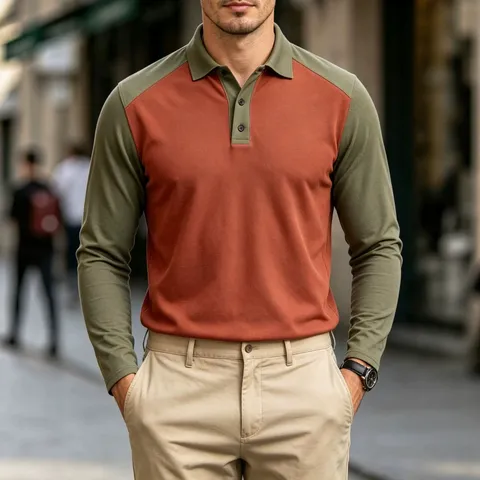 Men's Casual Long Sleeve Polo Shirt American Loose Color Block Lapel Button Down Golf Shirt Fashion Autumn Top
