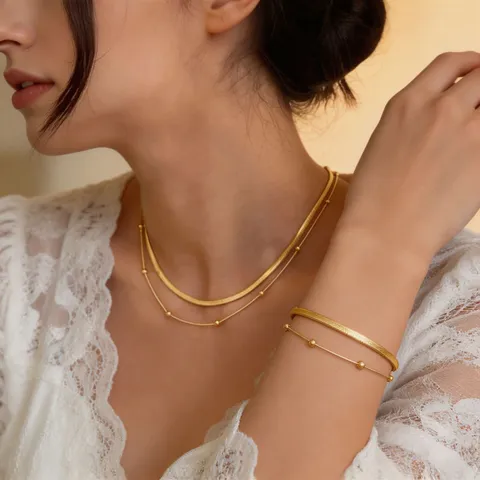Double Layer Stainless Steel Bead Snake Chain Necklace Luxurious Geometric Gold Silver Non-Tarnish Choker For Women Jewelry