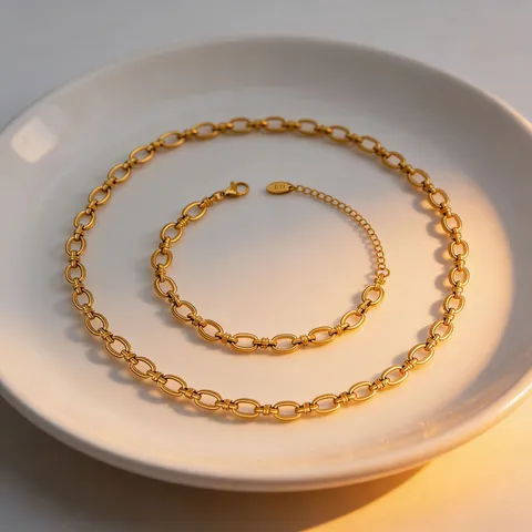 Minimalist Stainless Steel 18K Gold Plated Interlocking Thick Chain Necklace Bracelet Jewelry For Women Hip Hop Versatile Fashion Neckwear Set