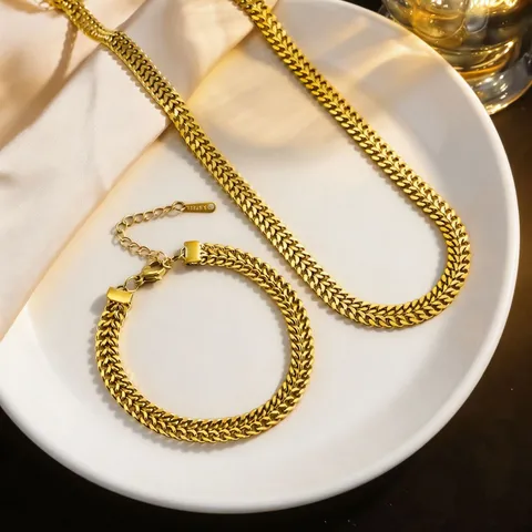 Stainless Steel Braided Wheat Chain Necklace Bracelet For Women Gold Plated Tarnish Free Elegant Light Luxury Fashion Jewelry Accessory Gift