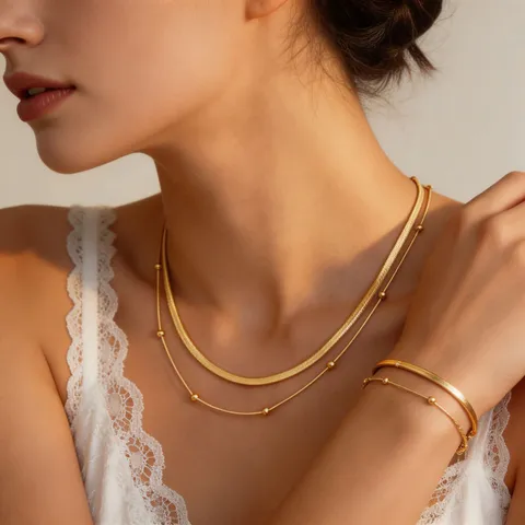 Double Layer Stainless Steel Bead Snake Chain Necklace Luxurious Geometric Gold Silver Non-Tarnish Choker For Women Jewelry
