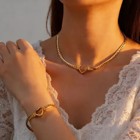 Stainless Steel Hollow Heart Flat Snake Chain Cuban Link Necklace Bracelet Jewelry For Women Minimalist Fashion Accessaries