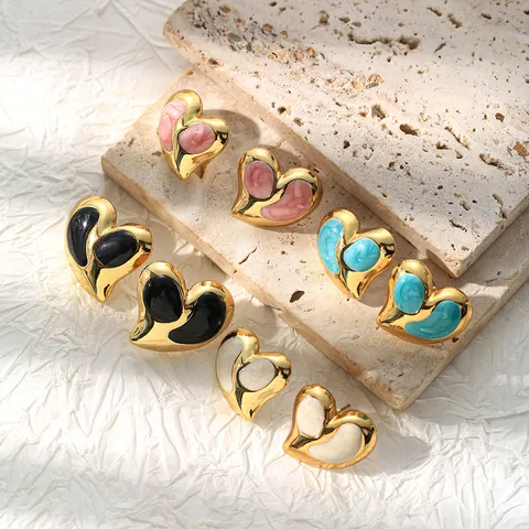 French Sweet Heart Stud Earrings 18K Gold Plated Titanium Steel Drip Oil Heart Shape Earrings For Women Gift Jewelry