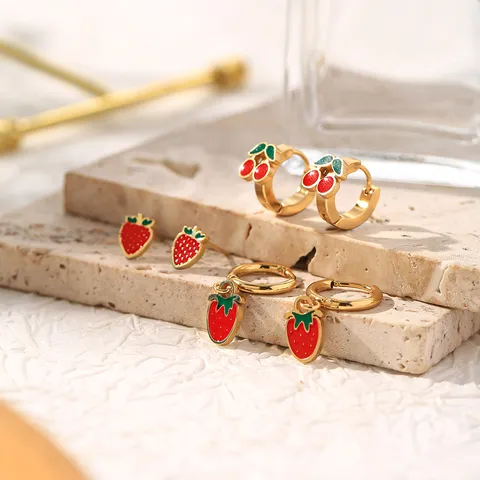 Cute Stainless Steel Strawberry Cherry Fruit Earrings For Women Girls Red Enamel Drip Oil personalized Hoop Earrings Jewelry Gift