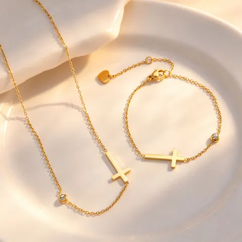 Stainless Steel Cross Pendant Necklace Bracelet Anklet For Women Gold Silver Rhinestone Light Luxury Fashion Jewelry