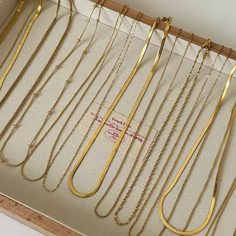 18K Gold Plated Stainless Steel Snake Bone Chain Necklace For Women Minimalist Double Layer Herringbone Curb Link Chain Jewelry