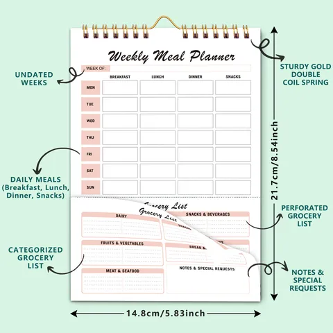 Horizontal Weekly Meal Planner Memo Pad Ins Style Spiral Bound Daily Schedule Time Management Notepad Paper Stationery