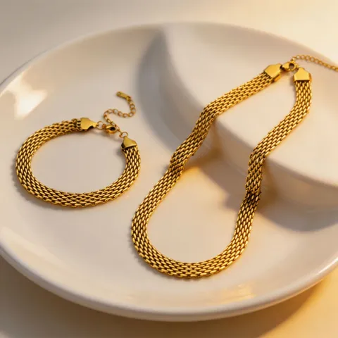 Women Fashion Stainless Steel Mesh Woven Snake Chain Necklace Bracelet Chunky Flat Titanium Steel Gold Plated Jewelry Choker Gift
