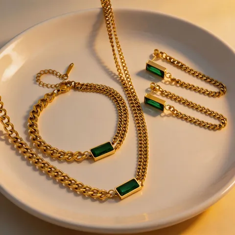 European American Style Stainless Steel 18K Gold Plated Emerald Green Rhinestone Necklace Bracelet Earrings Minimalist Jewelry