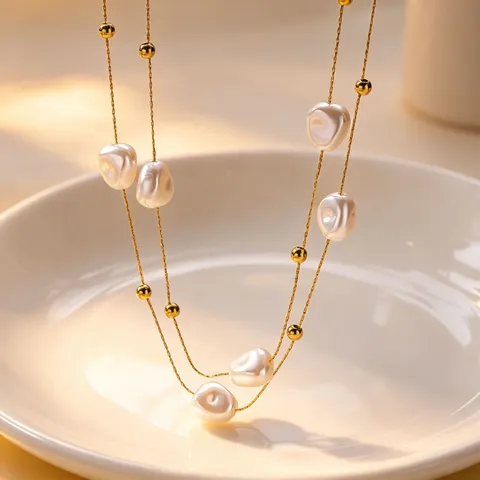 Baroque Double Layer Artificial Pearl Necklace Stainless Steel Luxurious Design Bowknot Clavicle Chain Choker For Women Gift Jewelry