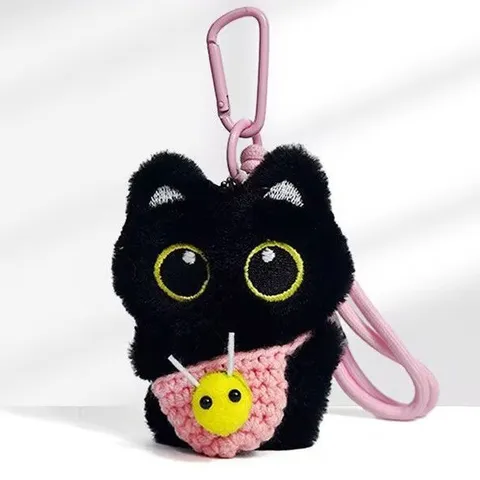Süßer Schwarze Katze Plüsch Schlüsselanhänger Handgewebte Tasche Anhänger Kawaii Stofftier Schlüsselring Für Rucksack Deko Geschenk