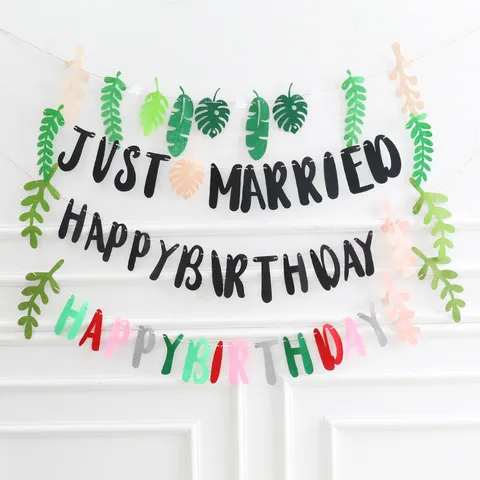 Forest Style Birthday Letter Banner Just Married Leaf Garland Non-Woven Fabric Hanging Flag For Party Decoration Wedding Supplies Baby Birthday Party Decor