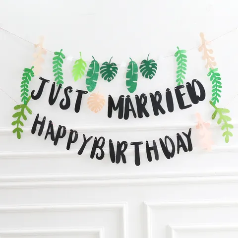 Forest Style Birthday Letter Banner Just Married Leaf Garland Non-Woven Fabric Hanging Flag For Party Decoration Wedding Supplies Baby Birthday Party Decor
