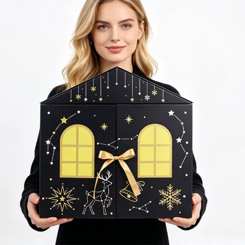 Boîte Calendrier de l'Avent de Noël en Forme de Maison 24 Grilles Boîte Cadeau Compte à Rebours Avec Élan Flocon de Neige Dorure