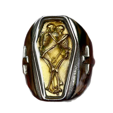 Vintage Gothic Punk Stainless Steel Vampire Coffin Skull Ring For Men Distressed Carved Cross Ring Halloween Party Jewelry