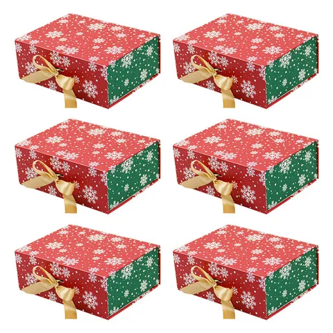 Christmas Snowflake Pattern Gift Boxes Red Green Gift Wrap Boxes With Gold Ribbons Foldable Paper Holiday Gift Storage Hard Box For Party