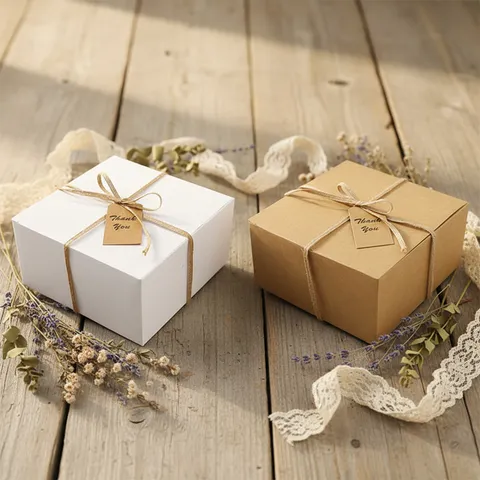 Boîtes Cadeaux en Papier Kraft Carrées Avec Corde de Chanvre et Étiquettes de Merci Boîtes pour Gâteaux Pâtisserie Fête Mariage