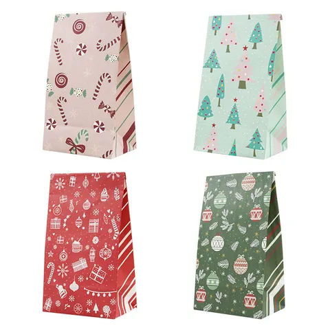 Christmas Gift Bags Stand Up Paper Treat Bags With Stickers Xmas Tree Candy Snowflake Patterns Festive Snack Goodie Bags