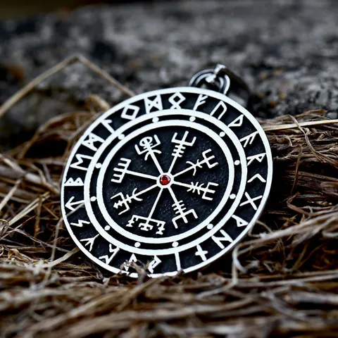 Viking Compass Runic Stainless Steel Pendant With Red Rhinestone Nordic Mythology Round Plate Charm Retro Jewelry For Men Women