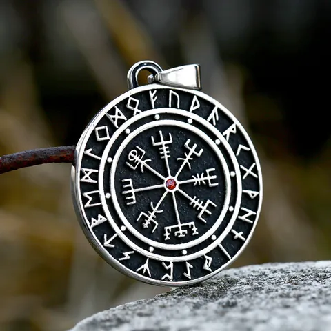 Viking Compass Runic Stainless Steel Pendant With Red Rhinestone Nordic Mythology Round Plate Charm Retro Jewelry For Men Women