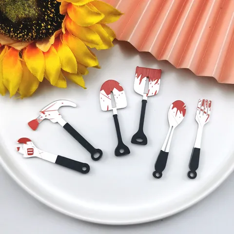 Halloween Double Sided Resin Acrylic Bloody Tool Charms For DIY Earring Jewelry Making Horror Party Decoration Craft Supplies