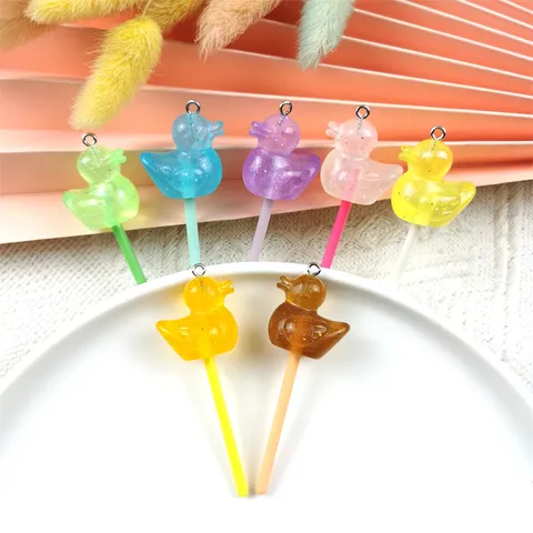 DIY Resin Duck Lollipop Charms Cartoon Simulation Animal Candy Pendants For Handmade Craft Jewelry Making Findings Materials
