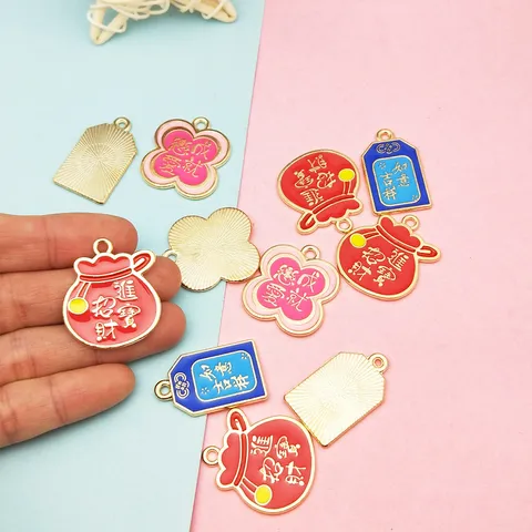 Emaille Legierung Anhänger Für Schmuckherstellung DIY Ohrringe Halskette Glücksbeutel Omamori Vierblättriges Kleeblatt Metall