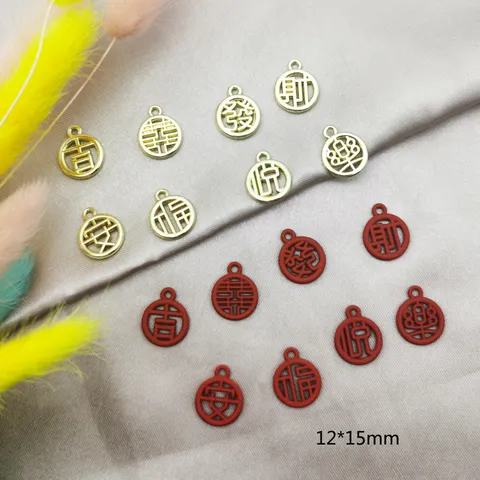 Chinesischer Stil DIY Metall Schriftzeichen Anhänger Für Schmuckherstellung Gold Rot Hohl Charms Für Ohrringe Halsketten Traditionelle Glückssymbole