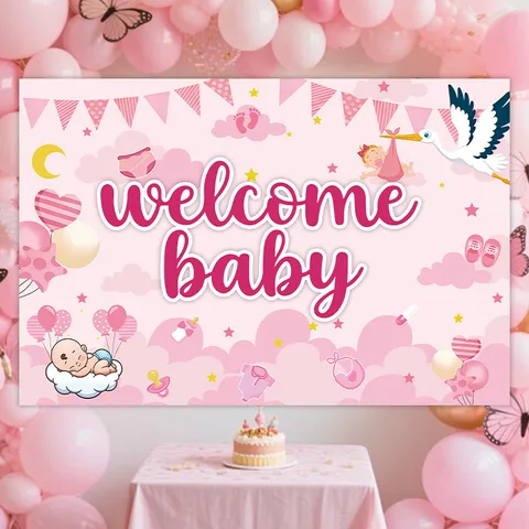 Welcome Baby Shower Feest Achtergrond Banner Cartoon Ooievaar Ballon Achtergrond Poster Voor Verjaardag Kleuterschool Decoratie