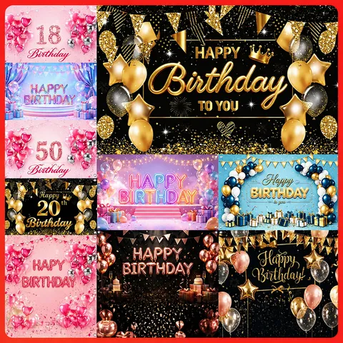 Happy Birthday Backdrop Balloon Gift Box Theme Party Decoration Banner Photography Background Cloth Polyester Hanging Decor