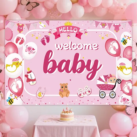 Welcome Baby Shower Feest Achtergrond Banner Cartoon Ooievaar Ballon Achtergrond Poster Voor Verjaardag Kleuterschool Decoratie