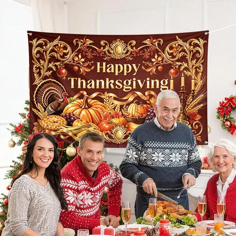 Happy Thanksgiving Backdrop Turkey Pumpkin Maple Leaf Wall Hanging Tapestry Harvest Autumn Party Atmosphere Decoration Fabric Banner