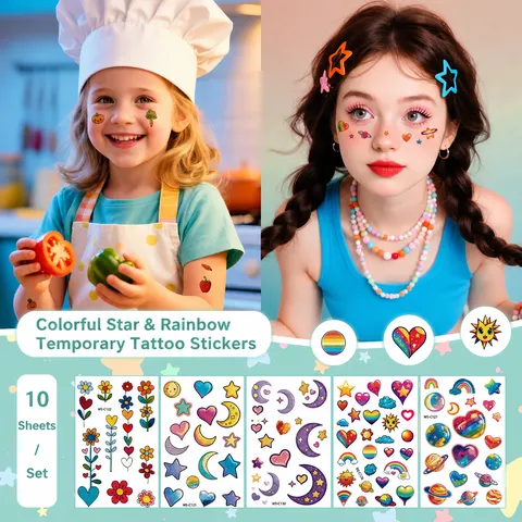 Kids Waterproof Temporary Tattoos Colorful Cartoon Fruit Planet Rainbow Face Body Stickers For Children Birthday Party Decoration Accent