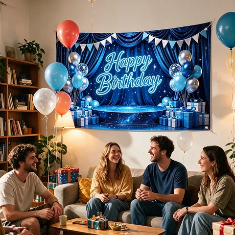 Happy Birthday Backdrop Balloon Gift Box Theme Party Decoration Banner Photography Background Cloth Polyester Hanging Decor