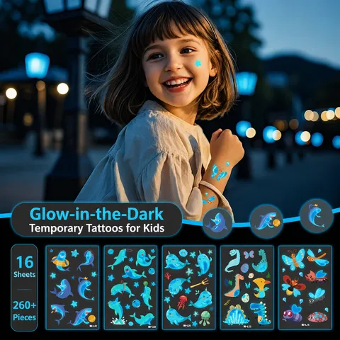 Luminous Temporary Tattoo Stickers For Kids Waterproof Glow In The Dark Cartoon Mermaid Dinosaur Space Astronaut Tattoo Children Party Body Art