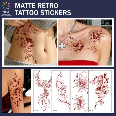 Waterproof Matte Temporary Tattoo Stickers Red Butterfly Flower Pattern Realistic Body Art Tattoos For Women Men Back Arm Decoration Scar Covering