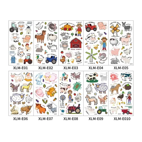 Kids Waterproof Temporary Tattoo Stickers Cute Cartoon Farm Animals Fire Truck Vehicle Theme Disposable Fake Body Art Tattoos For Boys Girls School Party Favors