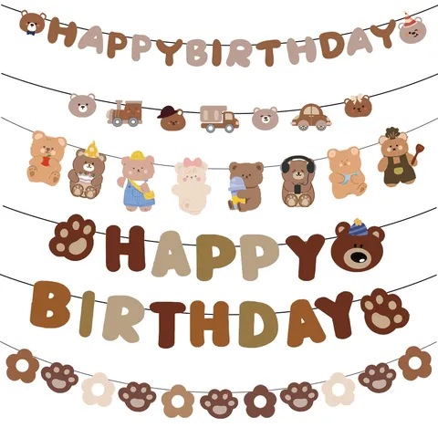 Vintage Bruine Beer Happy Birthday Slinger Voor Baby Eerste Verjaardag Feestdecoratie Hangende Guirlande Bedrukt Papier Banner