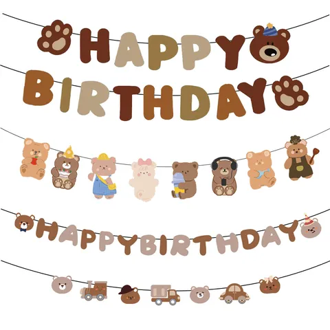Vintage Bruine Beer Happy Birthday Slinger Voor Baby Eerste Verjaardag Feestdecoratie Hangende Guirlande Bedrukt Papier Banner