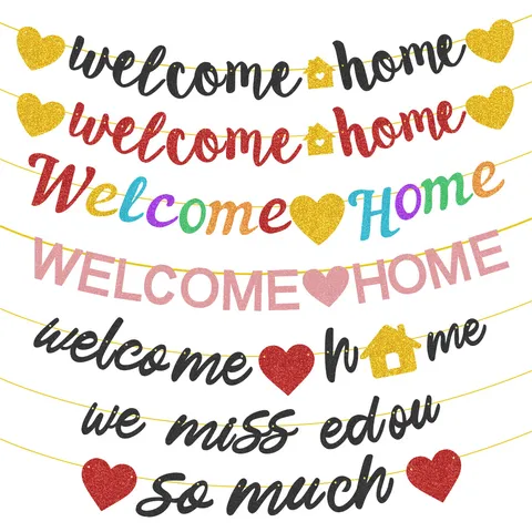 Glitter Welcome Home Letter Paper Banner Heart House Garland For Family Party Celebration Backdrop Decor Sign