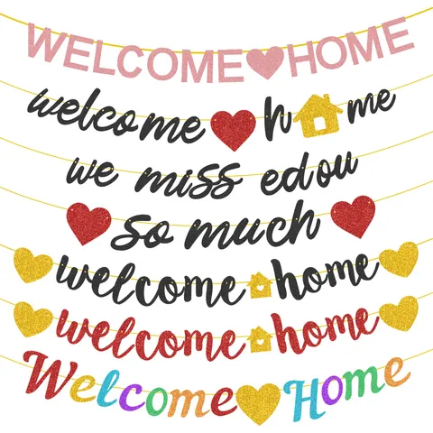 Glitter Welcome Home Letter Paper Banner Heart House Garland For Family Party Celebration Backdrop Decor Sign