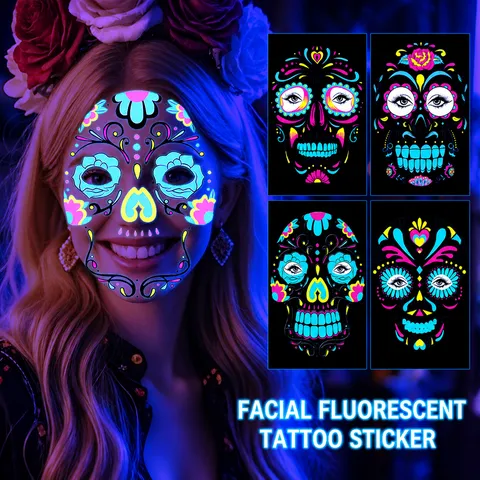 Halloween Fluorescent Skull Face Tattoo Stickers Neon Day Of The Dead Sugar Skull Waterproof Disposable Temporary Masquerade Stickers