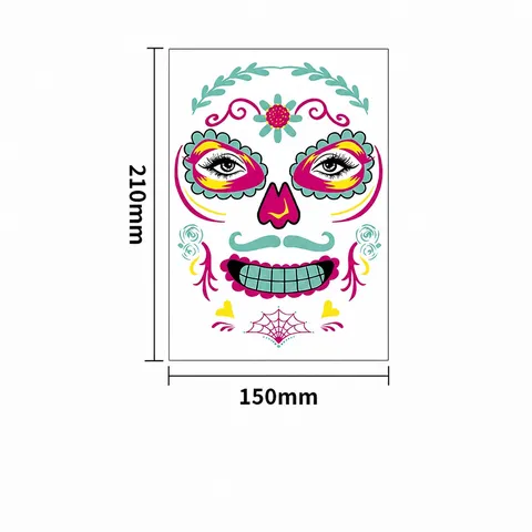 Halloween Fluorescent Skull Face Tattoo Stickers Neon Day Of The Dead Sugar Skull Waterproof Disposable Temporary Masquerade Stickers