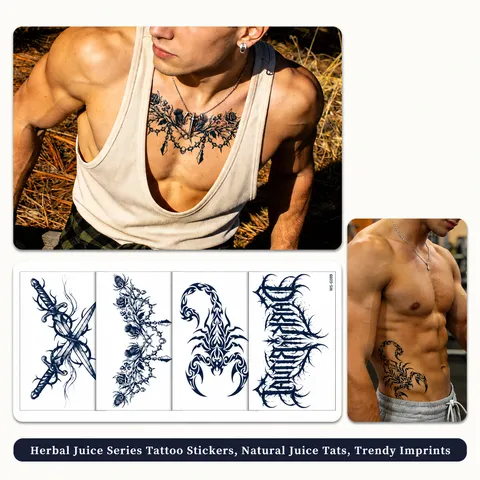 Gothic Dark Herbal Juice Semi Permanent Tattoo Sticker Waterproof Sweatproof Realistic Fake Tattoo Sheet For Men Women Chest Back Body Decor