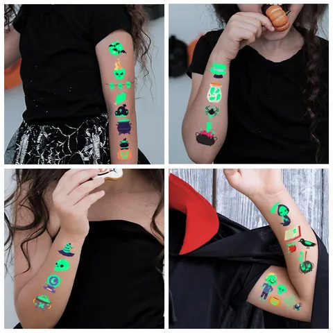 Halloween Luminous Tattoo Stickers For Kids Waterproof Fluorescent Green Glow Ghost Pumpkin Skull Body Face Tattoos