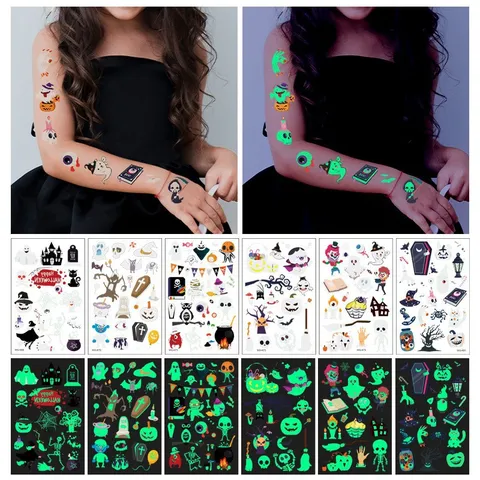 Leuchtende Halloween Temporäre Tattoo Aufkleber Für Kinder Wasserdicht Fluoreszierendes Grün Gesicht Körper Cartoon Tattoos Für Festival Party Dekoration